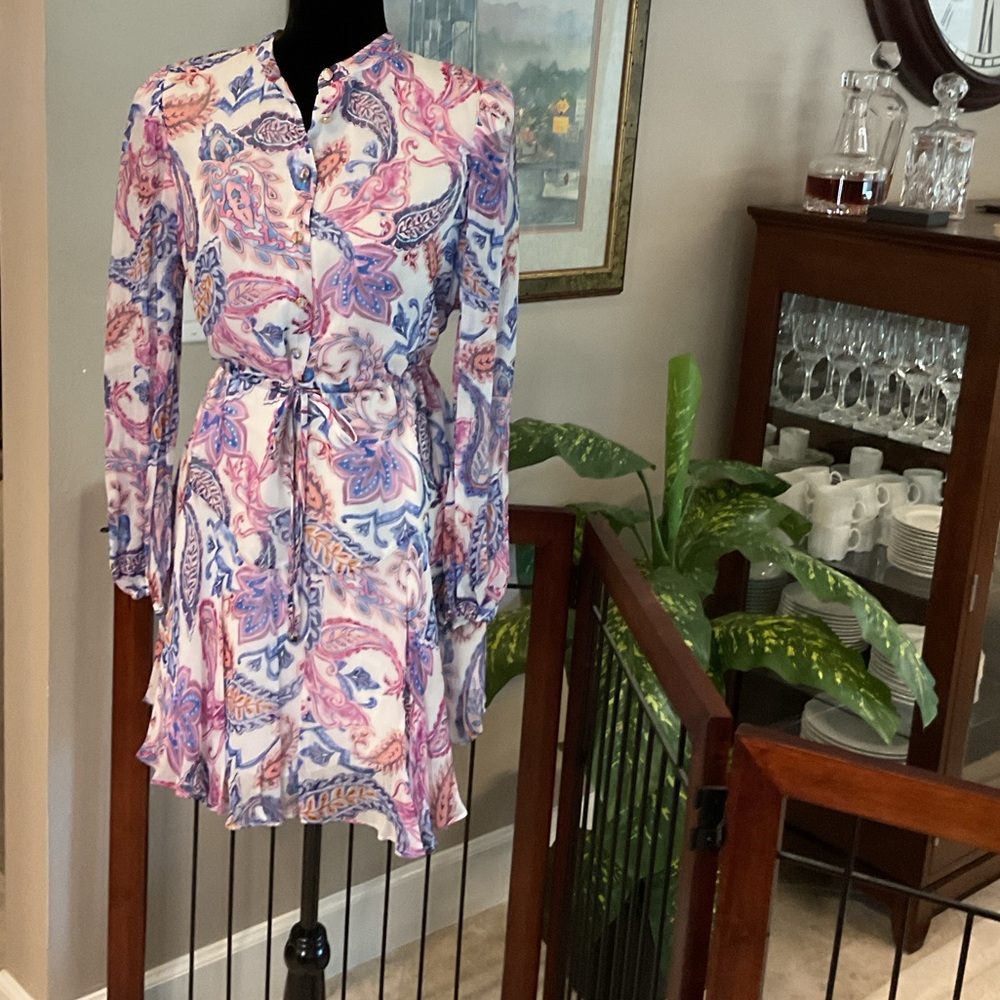 Milly - Paisley Long-Sleeve Chiffon Tie-Waist Dress in Pink & Blue